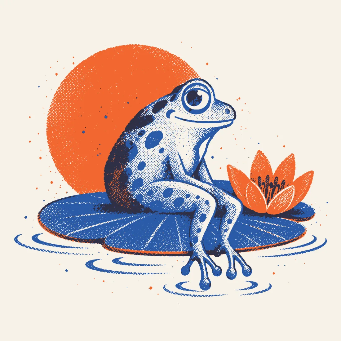 Illustration: the spotted frog rests on a lily pad beside an orange water flower.