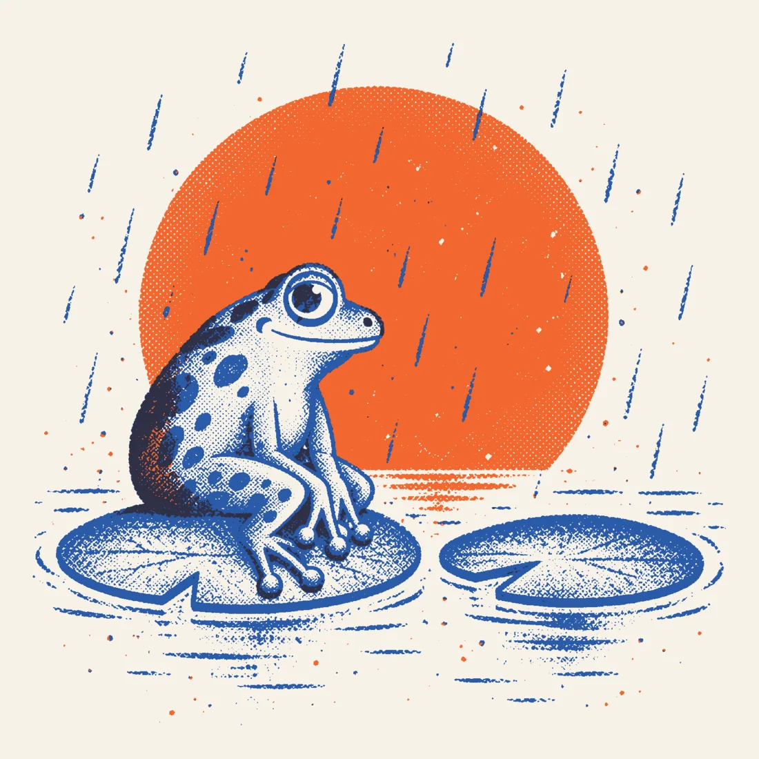 Illustration: one spotted frog sits on a lily pad in the rain, beside a second, empty lily pad.