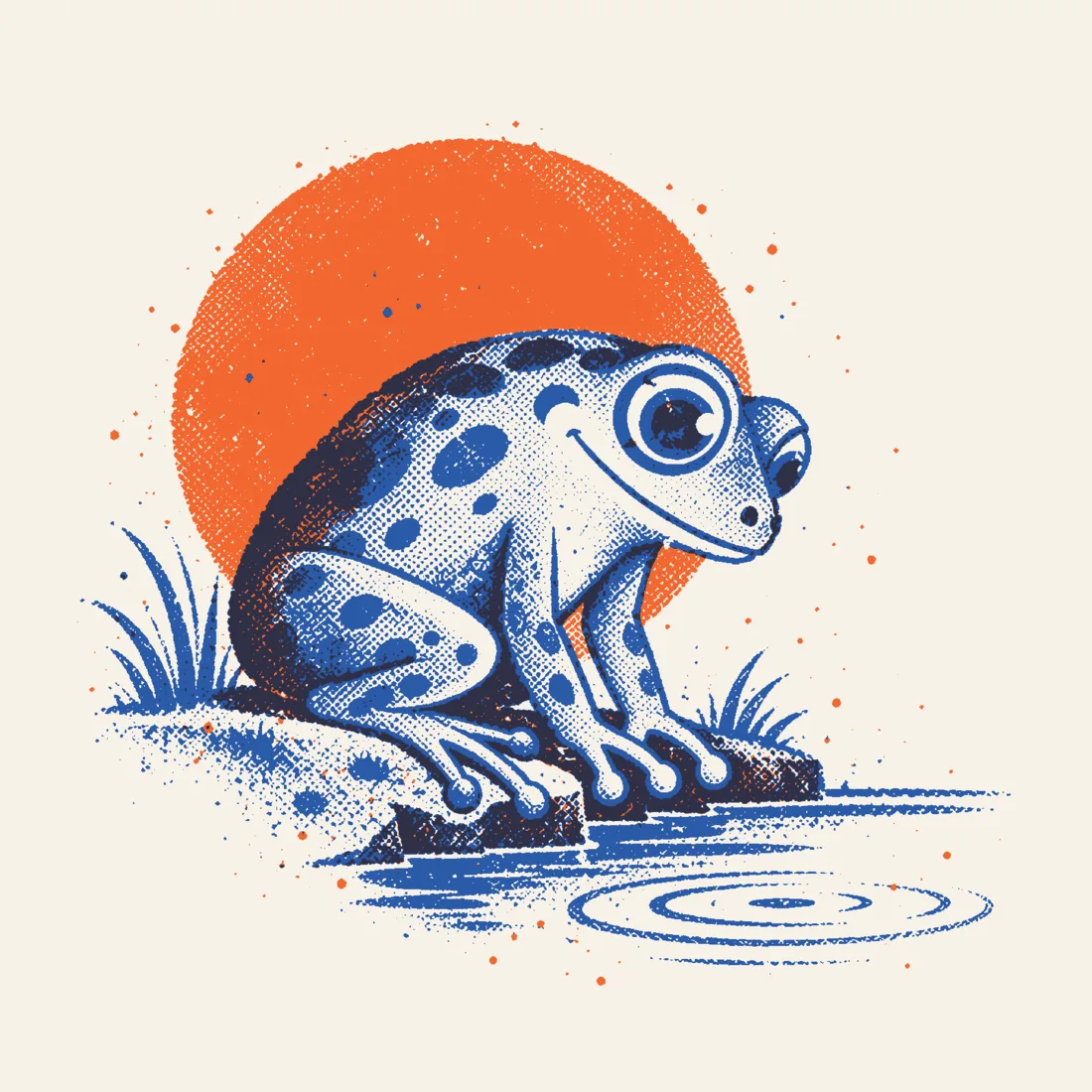 Illustration: the spotted frog leans over the edge of a pond and looks closely at the water.